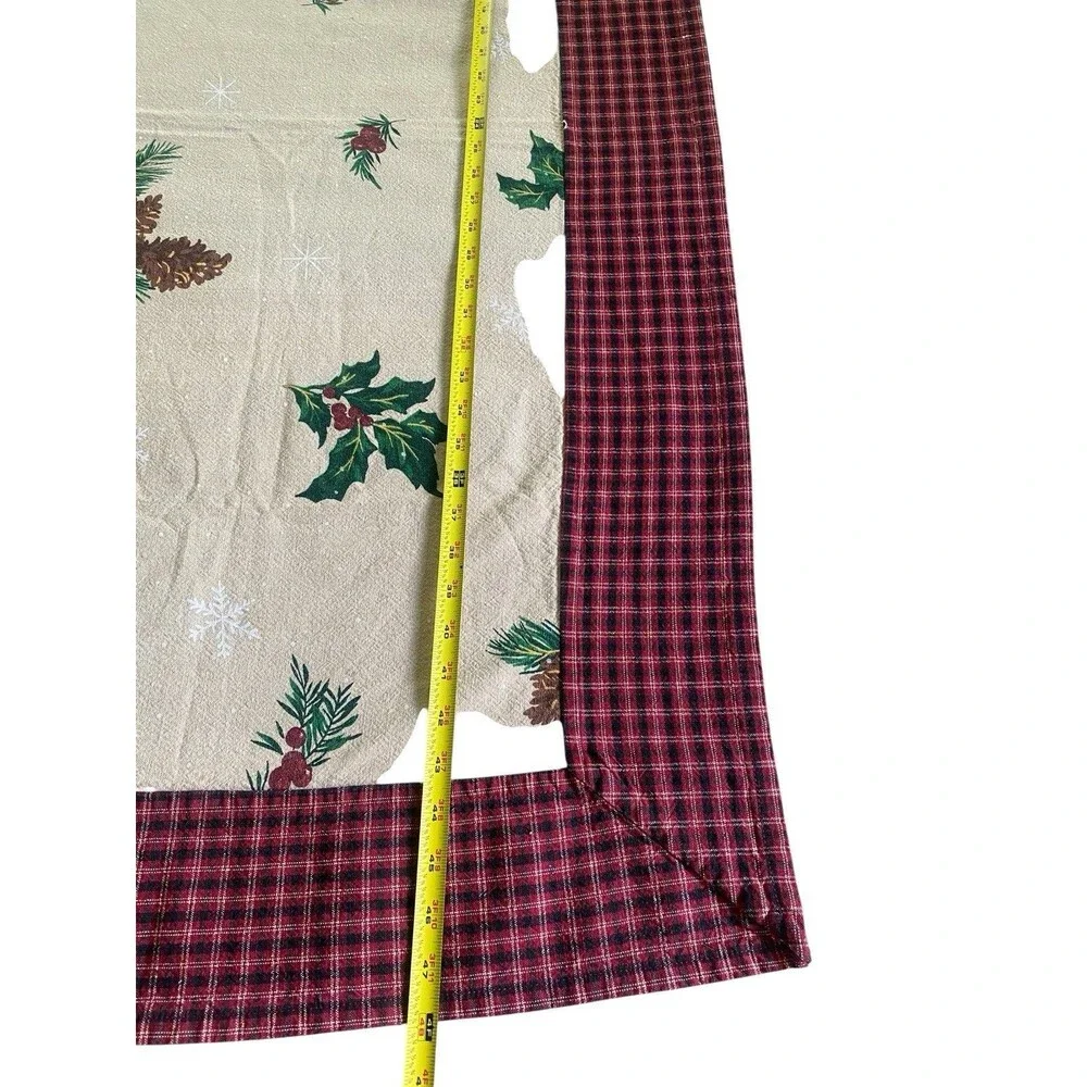 VTG 48” TableCloth Christmas Holly Pine Cones Snowflakes Country Plaid Handmade